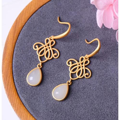Silver inlaid natural Hetian chalcedony water drop earrings Chinese style retro unique ancient gold craft womens brand jewelry