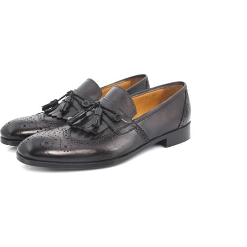 SHENBINs Vintage Black Kiltie Tassel Loafers with Brogue Cap Toes, Zebra Leather Soles, Shenbins Premium Handmade Footwear