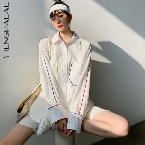 SHENGPALAE Elegant Sunnscreen Blouse Womens Spring 2021 New Laple Large Size Single Breasted Long Sleeve Shirt Female Tide 5C46