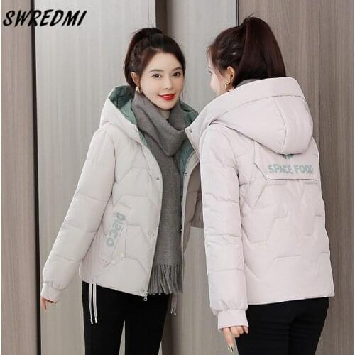 Students Fashion Winter Coat Hooded Women Jackets Snow Wear 2021 New Letter Cotton Padded Parkas Plus Size XS-3XL ClothesSWREDMI