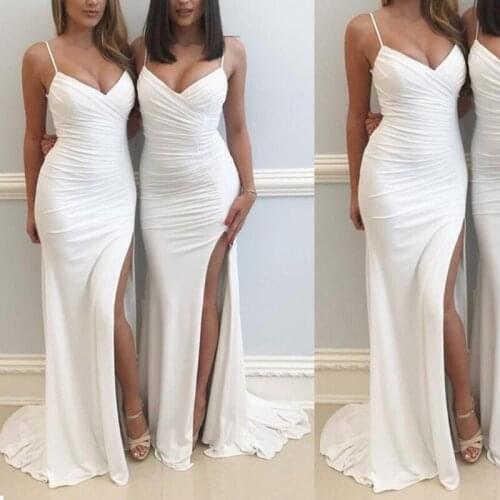 Elegant White Mermaid Long High Slit Sweetheart Spaghetti Straps Wedding Bridal Party Dress Gown Bridesmaid Dresses 2021