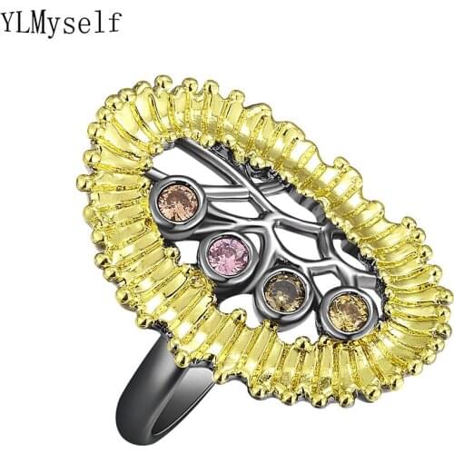 Cool Black+Gold 2 Tone color Ring Hollow Design Hip hop Rock Jewelry For Women Brass Metal Unique Jewellery