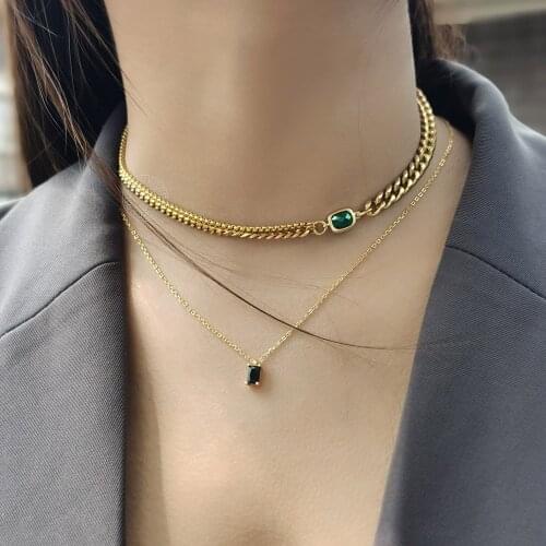 Elegant Emerald Green Stone Charm Choker Necklace for Women Girls Curb Cuban Link Box Chain Adjustable Jewelry Gift DDN261