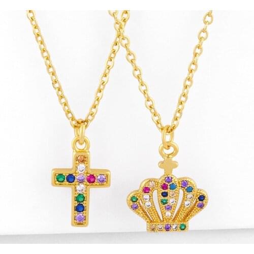 Rainbow CZ Gold Cross Necklaces For Women Multicolor Crown Pendant Necklaces Cubic Zirconia Crystal Trendy Jewelry nkeq65