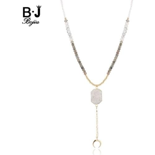 BOJIU Extended Natural Druzy Gold Moon Long Pendant Necklace Fashion Crystal Natural Stone Chain Necklace For Women Gift NKS197