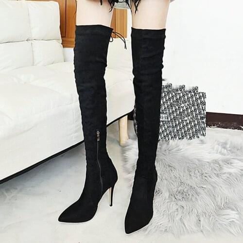 Winter Frosted Black Army Green Leopard Print Women Over the Knee Boots Zipper Stretch Boots Ladies Pointed Stiletto Heels Boots
