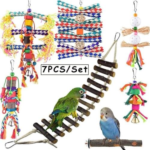 7Pcs/Set Pet Parrot Hanging Toy Chewing Bite Toy Parrot Ladder Swing Bird Parakeet Stand Training Toys Accessories Pet Supplies