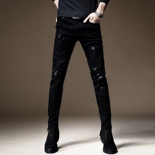 Free shipping new fashion male mens trousers black jeans high-end leather holes brand Slim Korean elastic casual denim pants