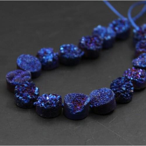 16PCS/strand Titanium Blue Raw Quartz Geode Drusy Flat Round Cabochon Beads,Roug Agates Crystal Druzy Coin Slab Nugget Pendant