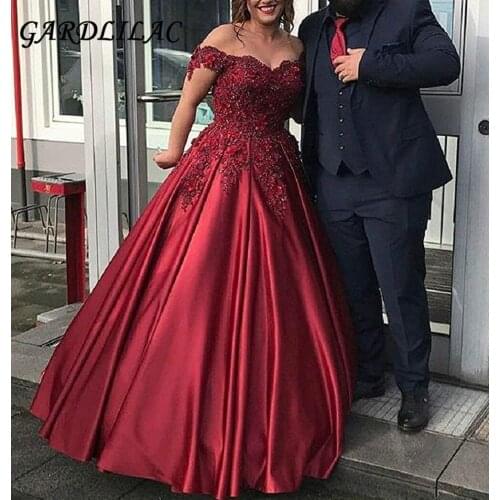 Burgundy V-Neck Long Prom Dresses 2019 A-line Satin Appliques Evening Party Dress Sweet 16 Dresses Wedding Party dresses G063