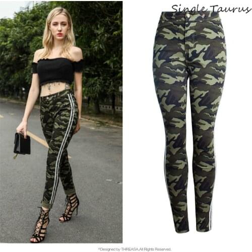 High Waist Slim Camouflage Green Denim Pants Women White Side Stripe Vaqueros Mujer Military Streetwear Skinny Jeans Camo Pants