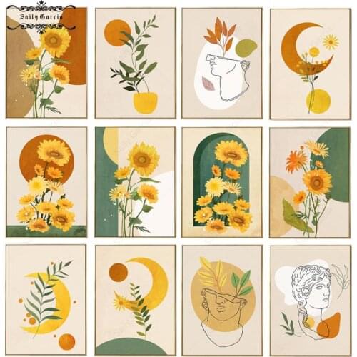 Pastoral Style Sunflower Canvas Painting Statue Line Meniscus Leaves Poster and Prints Orange Wall Art Pictures for Home Decor
