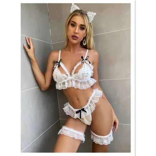 AA Women Sexy Two-piece Lingerie Set, White Suspender Backless See-through Lace Underwear + Panties