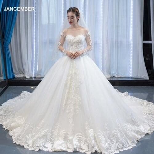 J67022 jancember simple wedding dress 2020 o neck long sleeve with veil applique lace pattern marriage dress vestido de noiva