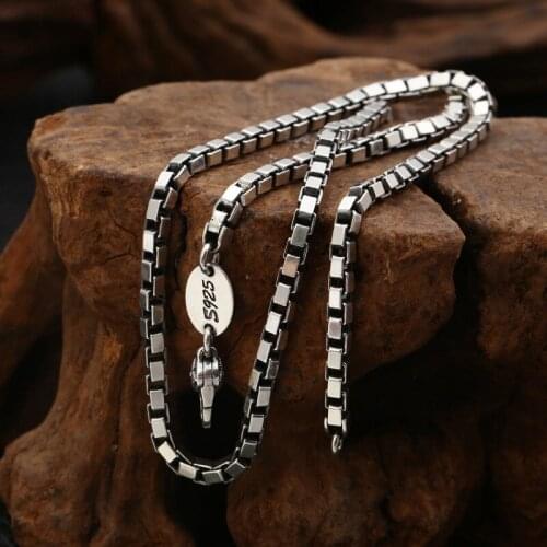 100% 925 Sterling Silver Necklace Men Simple Box Chain 3.5mm 50-75cm size Retro Thai silver Necklace for Pendant Charms Jewelry