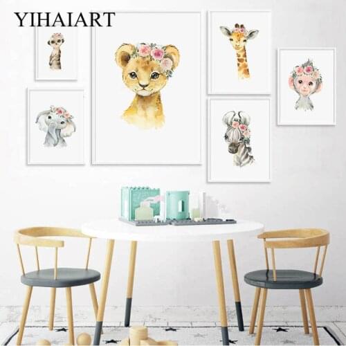 Nordic Baby Elephant Lion Canvas Poster Floral Animal Painting Nursery Wall Art Print Kids Children Bedroom Decoration Picture