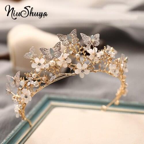 NiuShuya Luxury Gold Pearl Bridal Crowns Handmade Butterfly and Flower Headband Wedding Diadem Queen Crown Hair Accessories