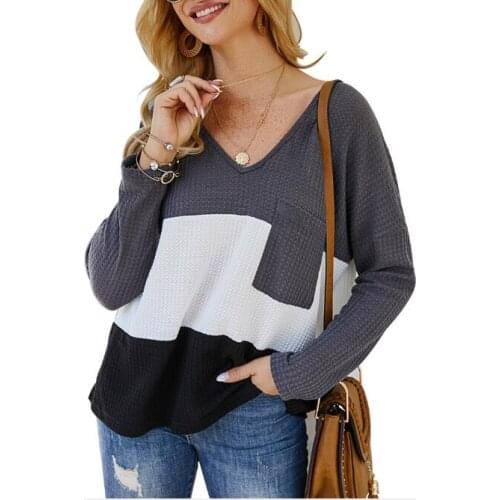 Autumn Thin Sweater Femme Colorful Plaid Deep V-Neck Loose Knitted Pockets Patchwork Long Sleeve Casual Pullovers Ladies CL275