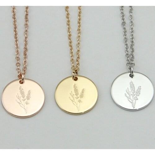Personalised Custom Disc Engraved Lavender Flower Necklace Birth Flower Charm Pendant Necklace