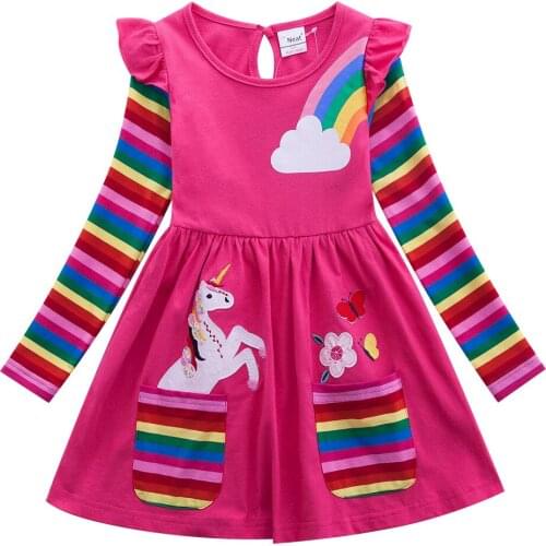Fashion girl dress rainbow long sleeve dress unicorn cartoon dress for 3-8years girls kids Summer vestido clothes outerwear