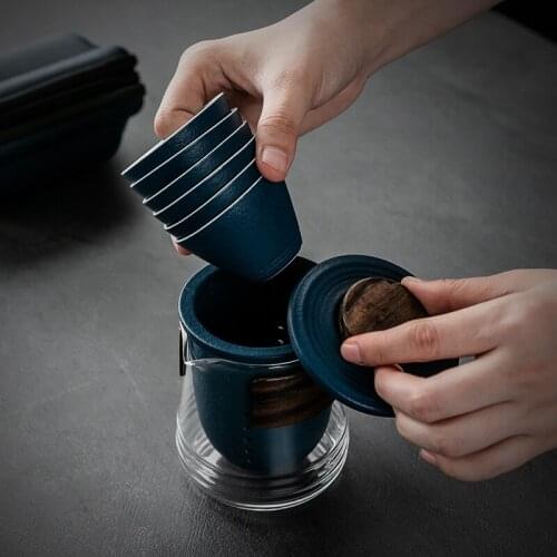 Simple and Portable Ceramic Glass Kung Fu Teapot and Bamboo Buckle Travel Tea Set