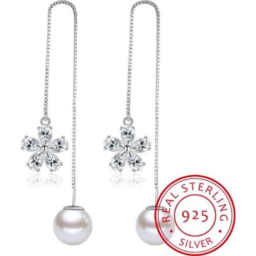 Simple Luxury 925 Sterling Silver Earrings For Women Zirconia Ice Flower Pendant Pearl Long Tassel Earrings S-E531