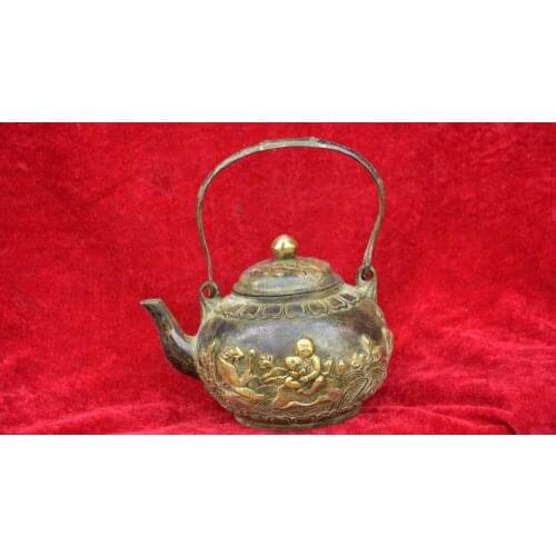 Rare Old Ming Dynasty Bronze gold Teapot,Sculpture Juvenile catch fish,With mark,Free shipping