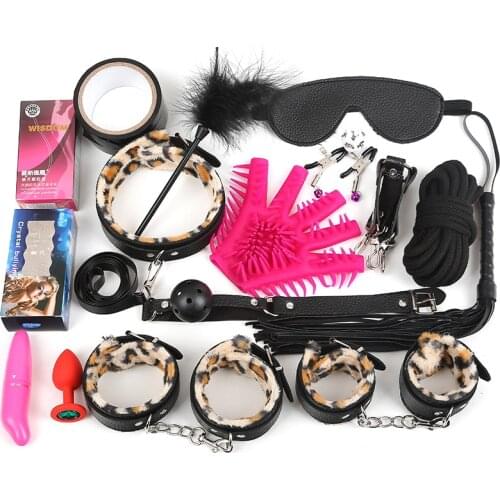 Sexy Leather Bdsm 17 pieces Sex Kit Leopard Plush Handcuffs Couple Flirting Sex Porn Sex Restraints Bondage Sex Toys