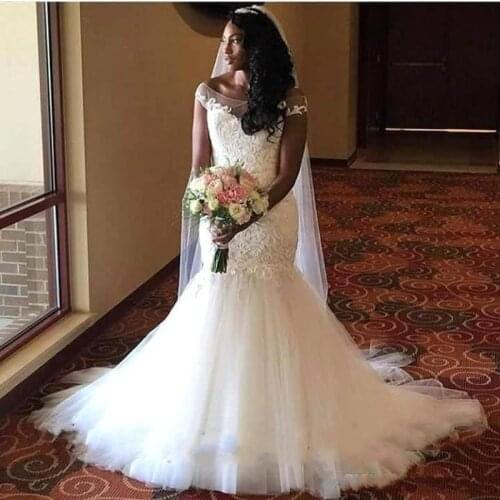 Sexy Boat Neck Mermaid Wedding Dresses Lace Appliques Bridal Wedding Gowns For Black Girls Custom Made Robe De Mariage