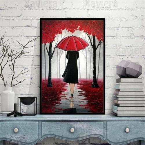 Modern Wall Art Purple Red Umbrella Girl in Rain Posters and Prints Home Corridor Decor Canvas Oil Painting Wall Picture Unframe