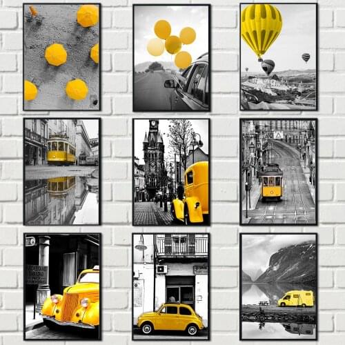 Modern Yellow Style Car Balloon Scenery Canvas Painting Nordic Poster European Landscape Wall Art Pictures for Ling Room Decor