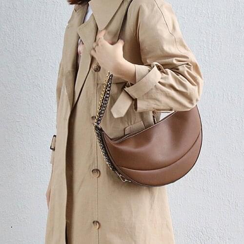 Fashion, leisure, light and versatile one-shoulder messenger portable soft cowhide chain crescent bag
