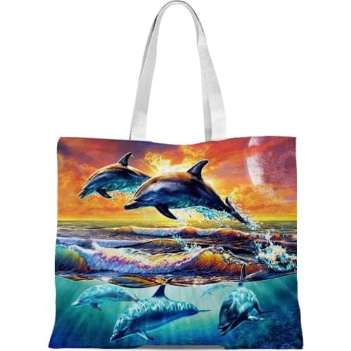 Ocean Dolphin Cotton Linen Handbag Fashion Shoulder Bag Ladies Leisure Eco Shopping High Quality Foldable Handbag