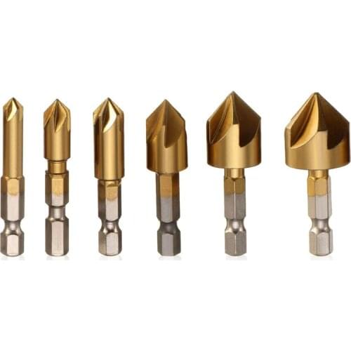 6 Pcs/set Hexagonal Shank Titanium Coated Five Flutes Countersink Drill Bit Woodworking Core Dril Bit Power Tool Accessories