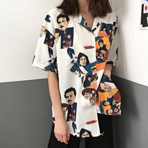 Women Chic Vintage Printed Summer Harajuku Ladies Streetwear Casual Button Up Turn Down Collar Short Sleeve Blouse Polo Shirts