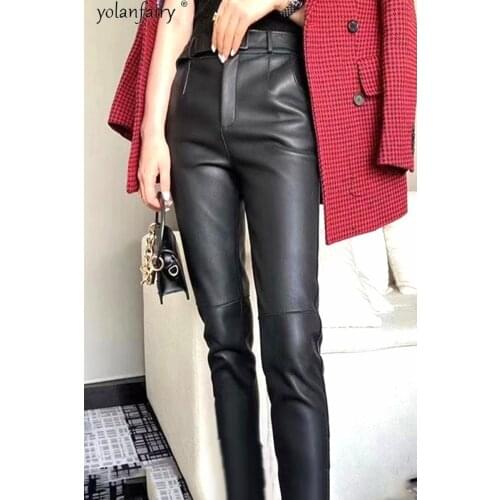 YOLANFAIRY Real Sheepskin Leather Pants for Women Spring Autumn Female High Waist Pants Womens Trousers 2021 Pantalon Femme