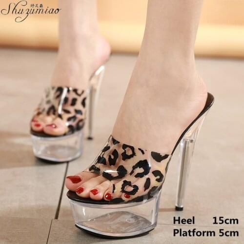 Model Striptease Thin Heel 14 CM Platform Super High Heeled Slippers Summer New 2021 Transparent Printed Crystal Womens Shoes