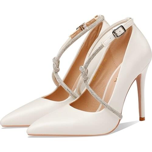 French celebrity High heel women 2021 Autumn new Cross strap Drill bar Thin heel Slotted buckle Tip Show Banquet Wedding shoes