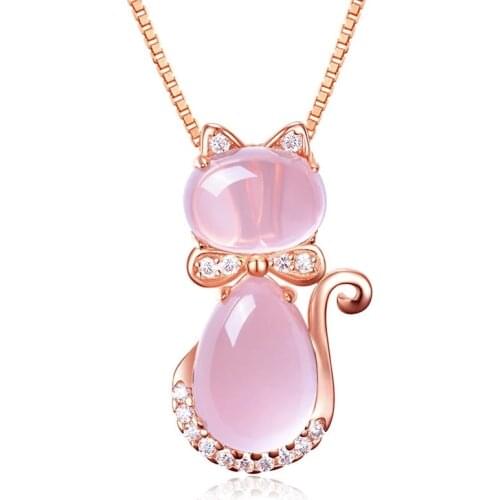 Classic Silver 925 Jewelry Rose Quartz Animal Cat Pendants & Necklaces For Women Crystal Gemstone Choker Necklace Charm Jewelry