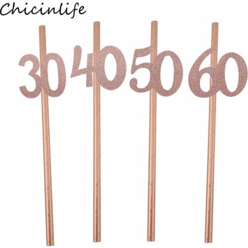 Chicinlife 10pcs Adult Birthday Party Decoration Rose Gold 30 40 50 60 Paper Straws Striped Drink Straws Anniversary Party Favor