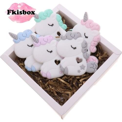 10pc Silicone Unicorn Sensory Teether BPA Free Babies Teething Necklace Pendant DIY baby toy Nursing Pacifier Chain Biting Gift
