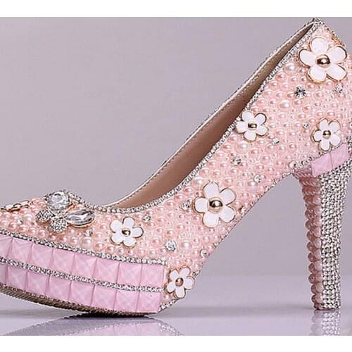 2018 Sweetness Prom Shoes Cheap Bridesmaid Shoes Bridal Shoes Pink Pearl Rhinestone Wedding Shoes