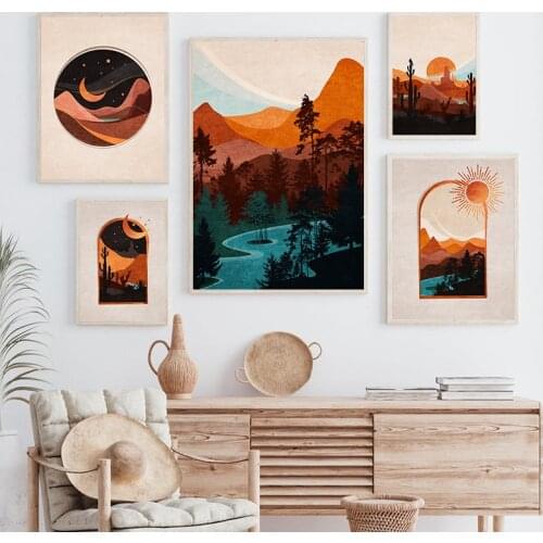 Boho Abstract Sun and Moon Landscape Canvas Painting Prints Gallery Wall Art Pictures Desert Sunrise Poster Living Room Decor