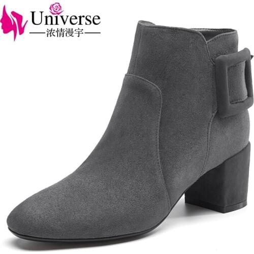 Universe warm kid suede ankle boots for women med chunky heel shoes fashion big buckle decoration lady boots G222