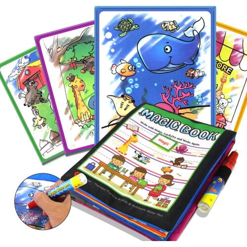 Children Cartoon Animals Water Drawing Book & Magic Pen Water Coloring Reusable Doodle Mat Early Intelligence Development Toys