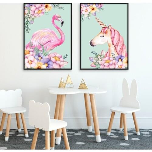 Pink Flamingo Unicorn Flower Animal Canvas Poster Prints Nordic Style Nursery Art Pictures Modern Wall Painting For Kids Bedroom