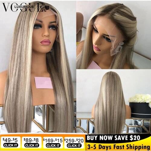 Ombre Brown Highlight Wig Human Hair 13x4 Ash Blonde Lace Front Wig Preplucked Straight Remy Brazilian Human Hair Wigs For Women