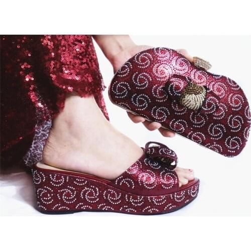 Beautiful wine women platform shoes with crystal flower style african dress shoes match handbag set GL1912-5,heel 7CM