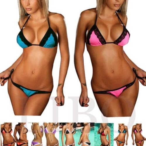 New Arrival Summer Bandage Hot Sexy Lace Colorful Bikini Swimsuit Womens Hit Color Swimwear Double Butt Crease 6 Color