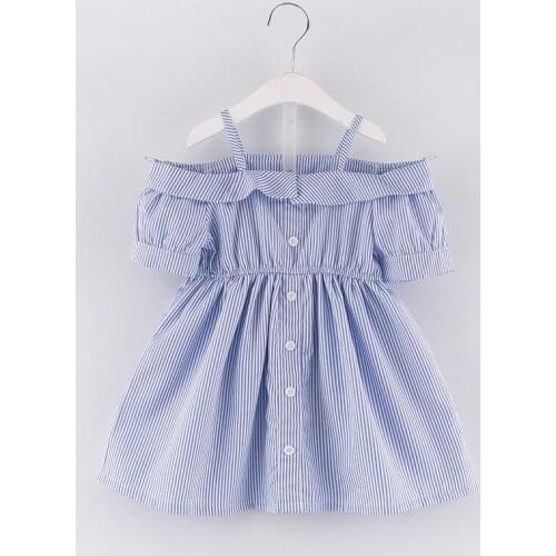 Hot sale 2019 children girls new summer cute short sleeve blue striped slip Dress with headband 3-8 years